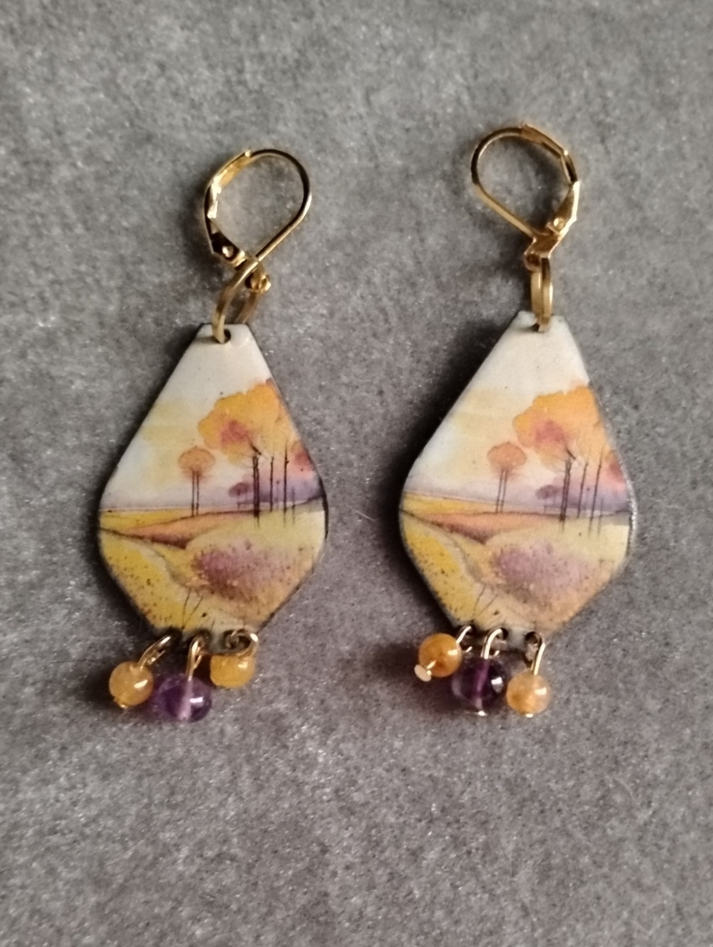 Hand Crafted Yellow and Purple Landscape Drop Earrings
